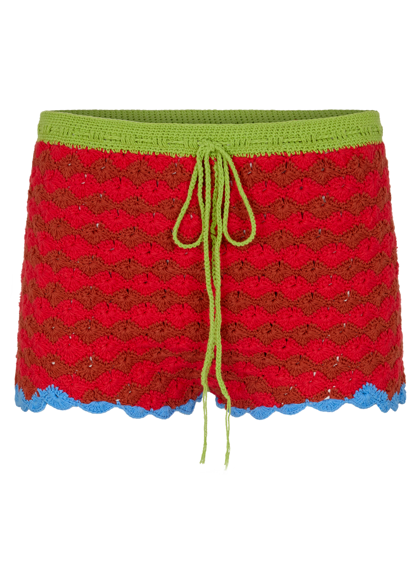 Red and green patterned shorts with a drawstring on a white background
