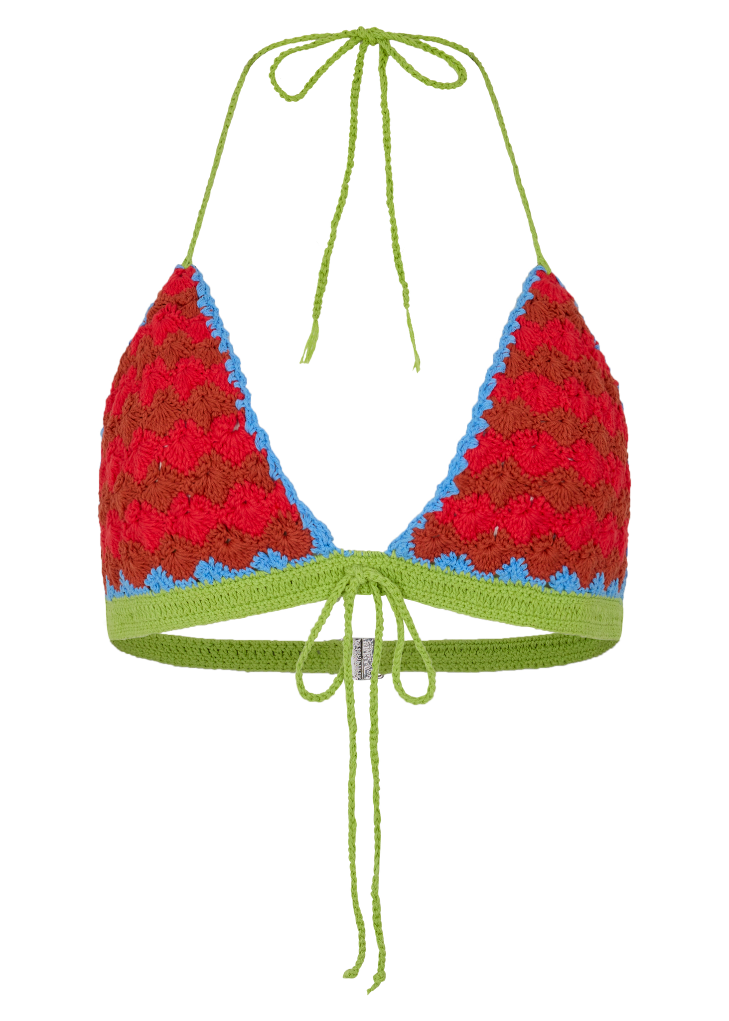 Colorful crochet bikini top on a white background