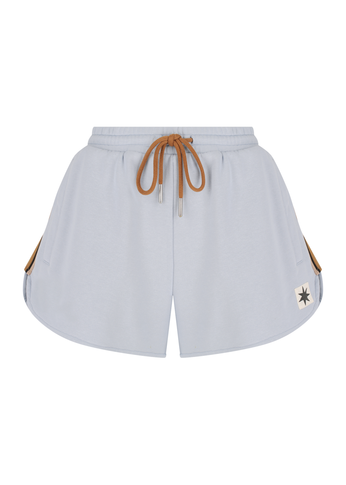 Light blue lounge shorts with a brown drawstring and branding