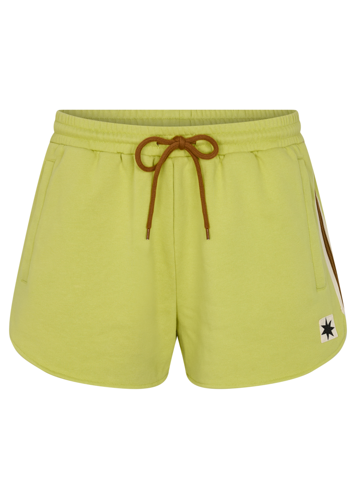 Light green shorts with a brown drawstring, CCV logo and white/brown stripe on the side