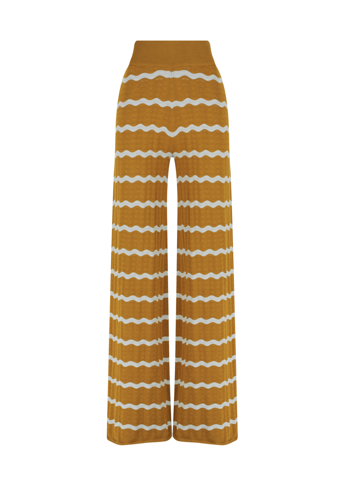 Mustard yellow pants with blue stripes on a white background