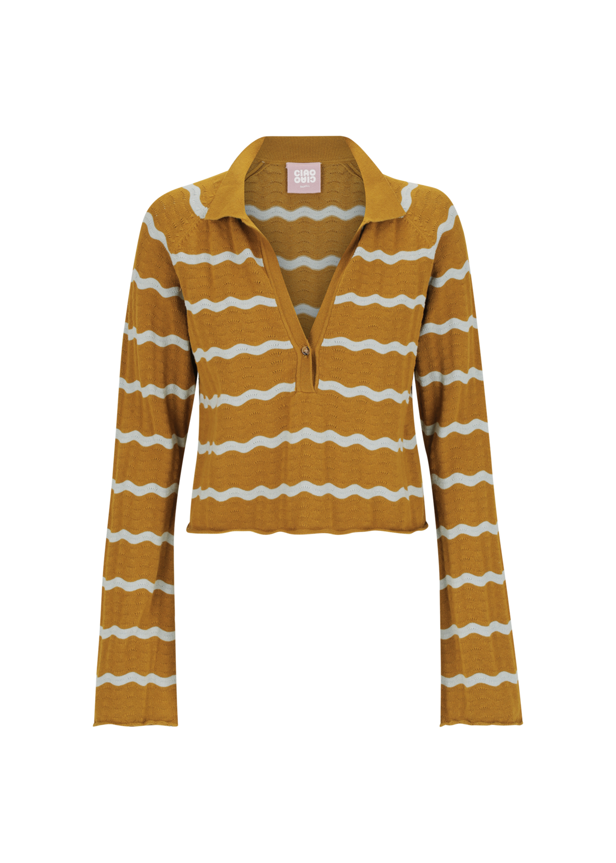 Yellow and light blue striped long-sleeve jumper on a white background