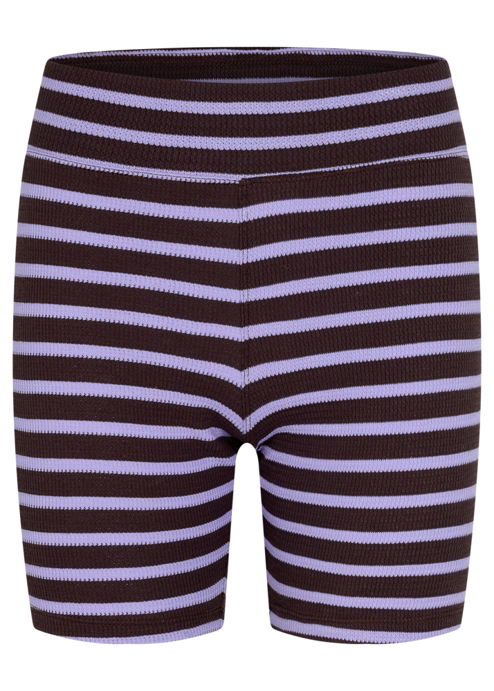 Striped shorts with brown and light purple horizontal stripes on a white background
