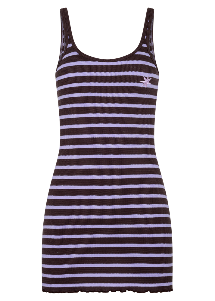 Purple and brown striped dress with a brand logo on a white background