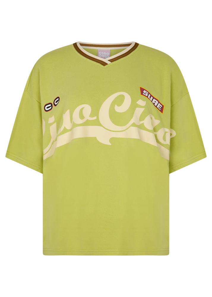 Bright lime green jersey t-shirt with 'Ciao Ciao' and 'Sure' logos 