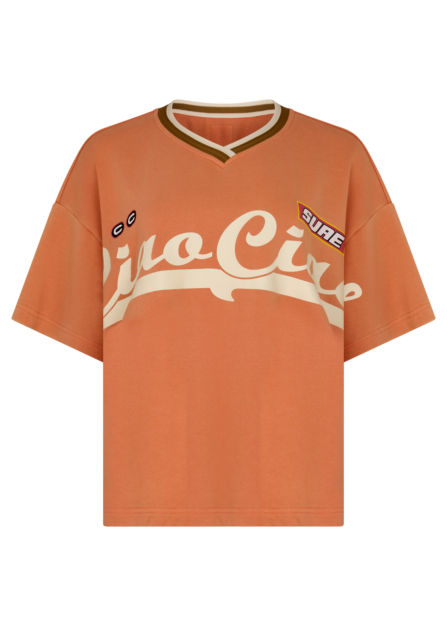 Orange jersey shirt with 'Ciao Ciao' print on a white background