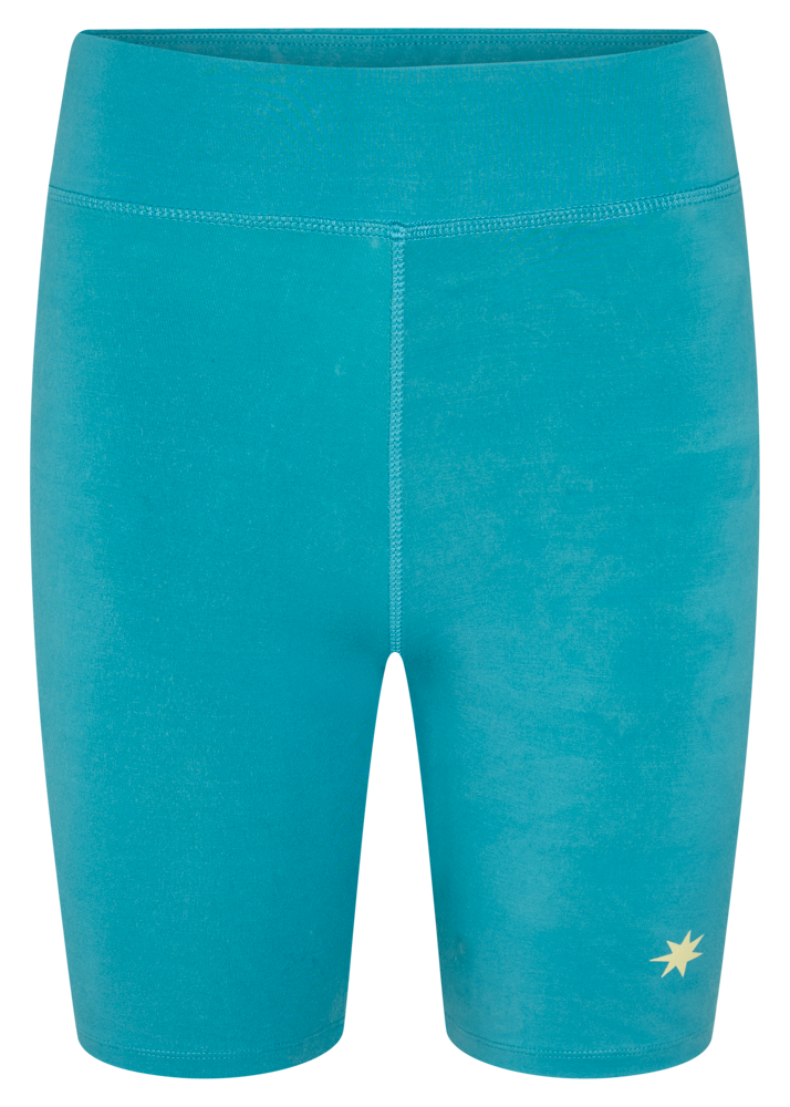 Teal shorts with a yellow star logo on a white background