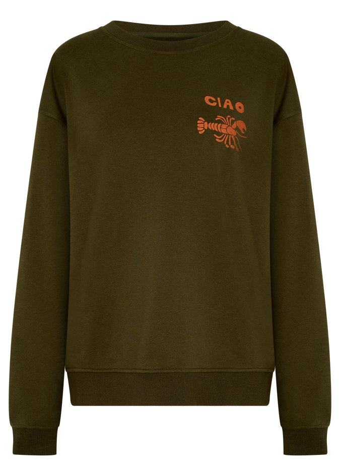 Green sweatshirt with orange ciao logo and lobster graphic 