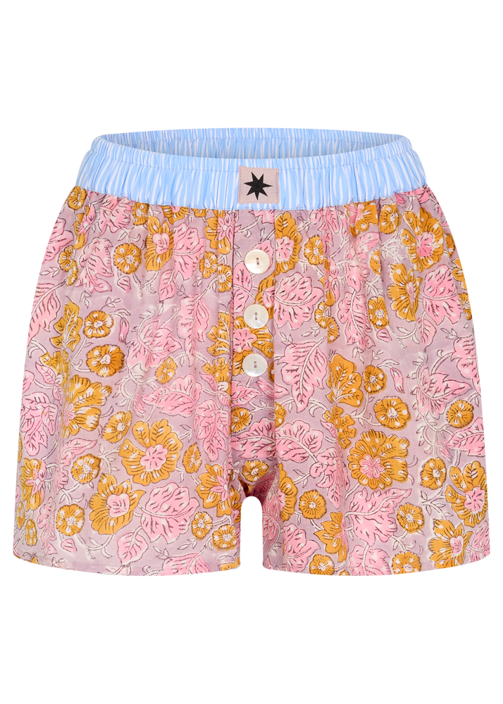 Floral patterned pink boxer shorts with a light blue waistband on a white background