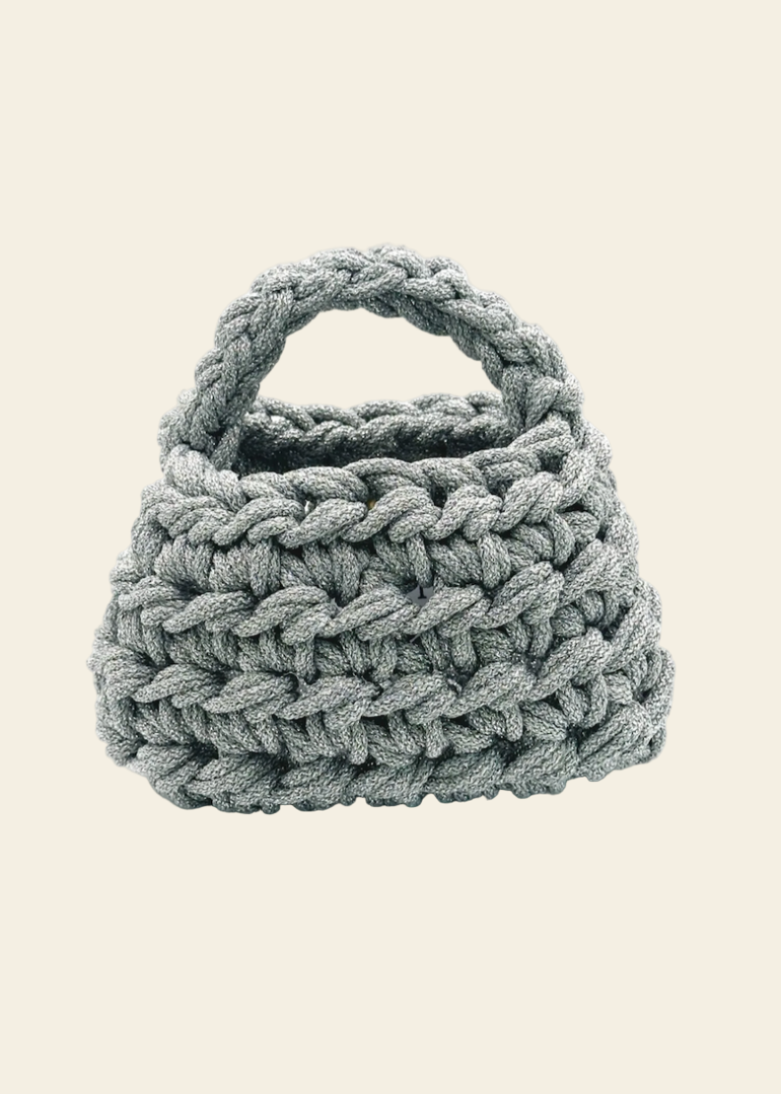 Grey, sparkly, metallic knot knitted handbag