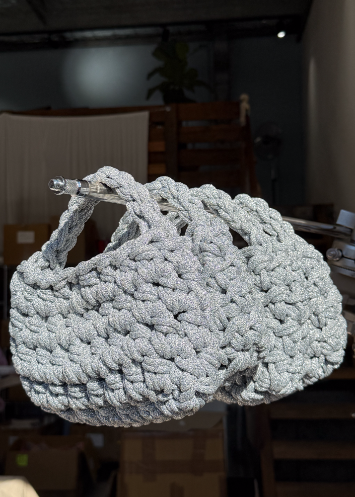Grey, sparkly, metallic knot knitted handbag  