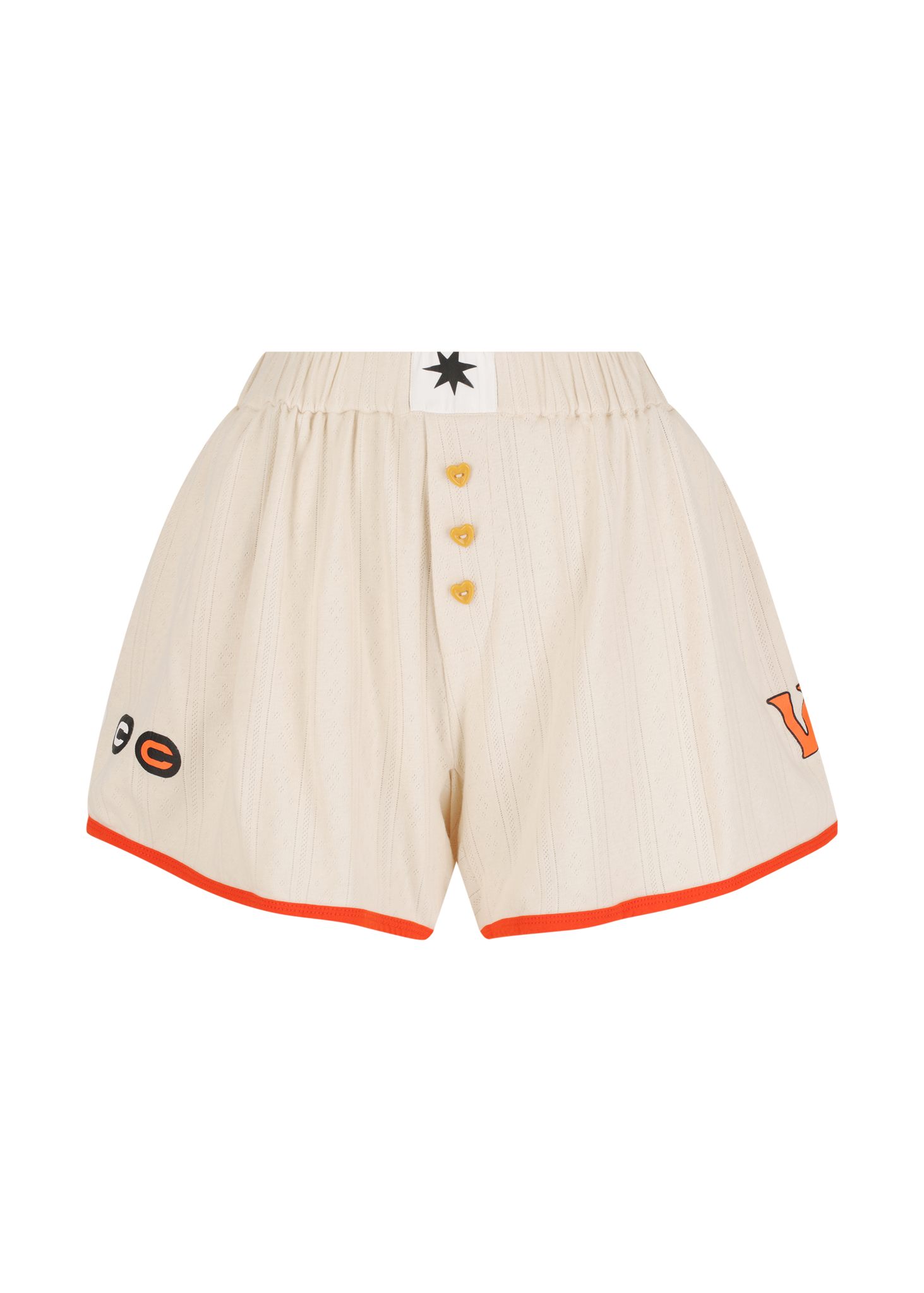 Beige and orange flowy mini shorts