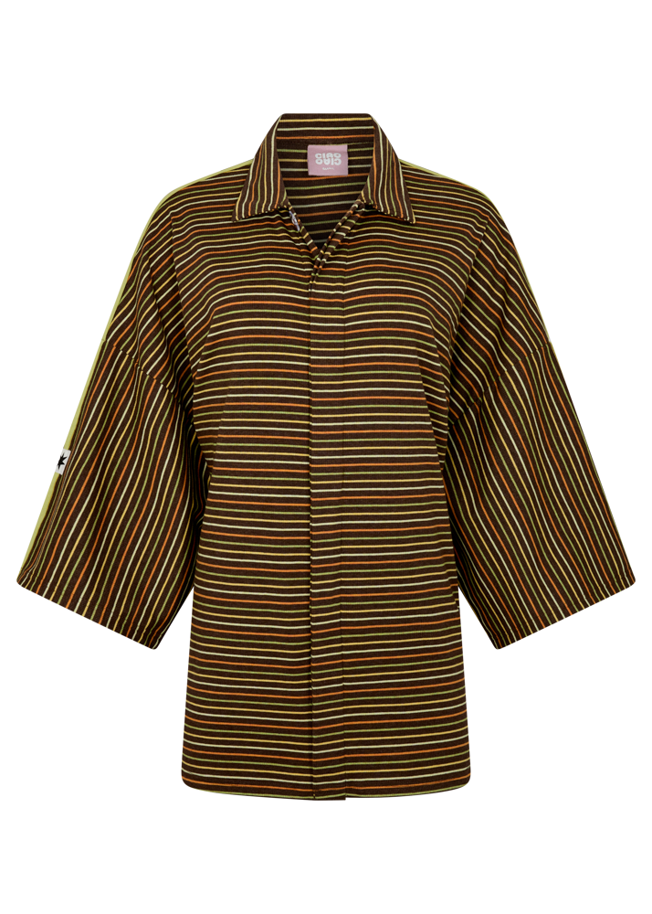 Brown striped oversized shirt with green, yellow and orange stripes 