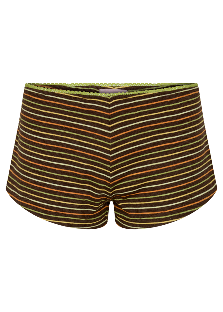 Brown striped mini shorts with green, yellow and orange stripes 