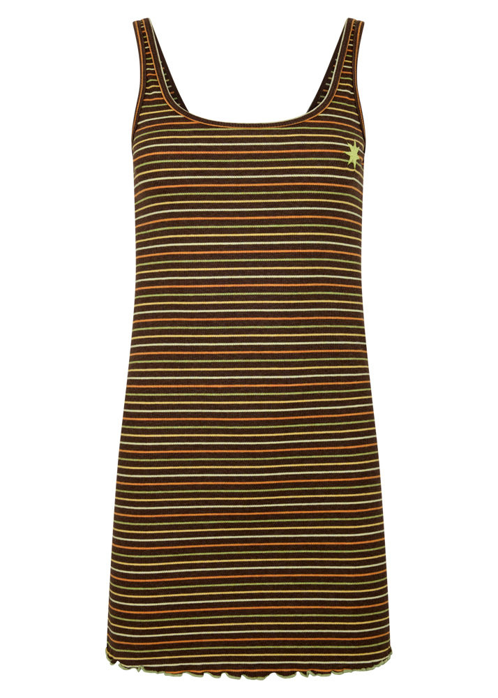 Brown dress with orange, yellow and green stripes and a CCV star logo on a white background
