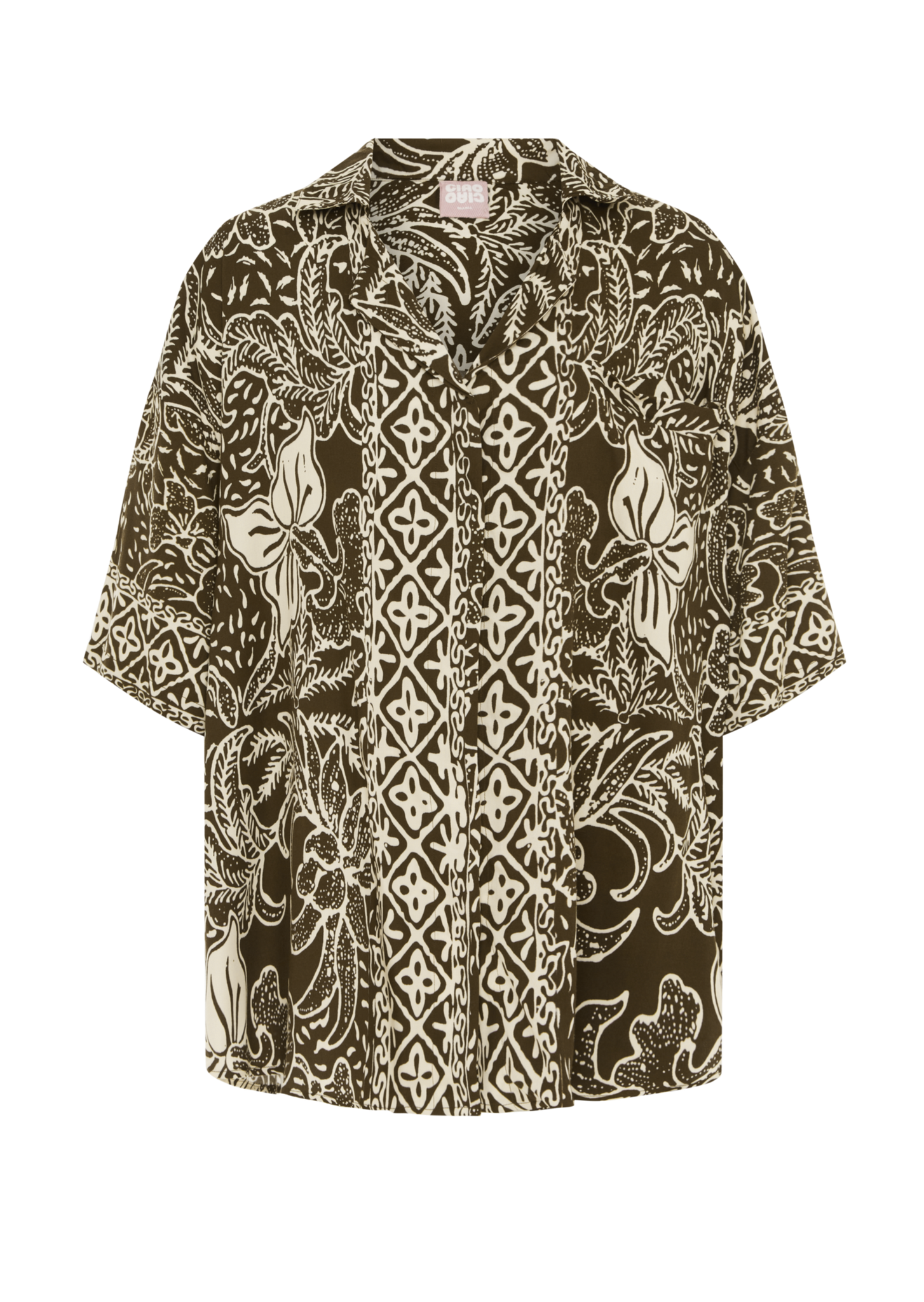 Brown and white tropic shirt and skirt matching set.