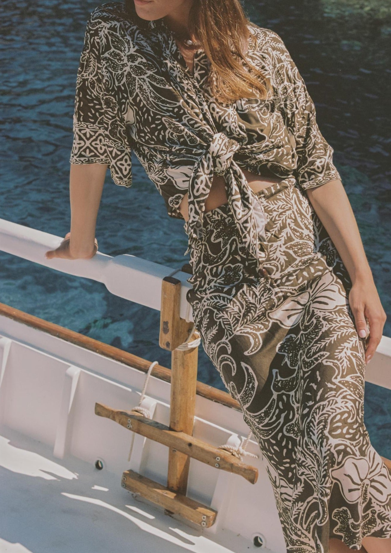 Floral printed green and white matching set.